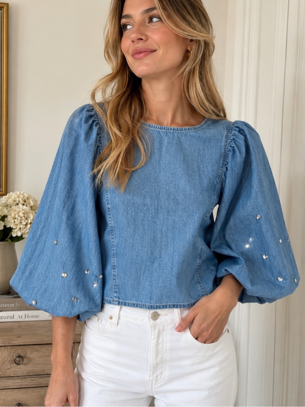LOFT Light Blue Denim Puff-Sleeve Blouse with Sequin Detail